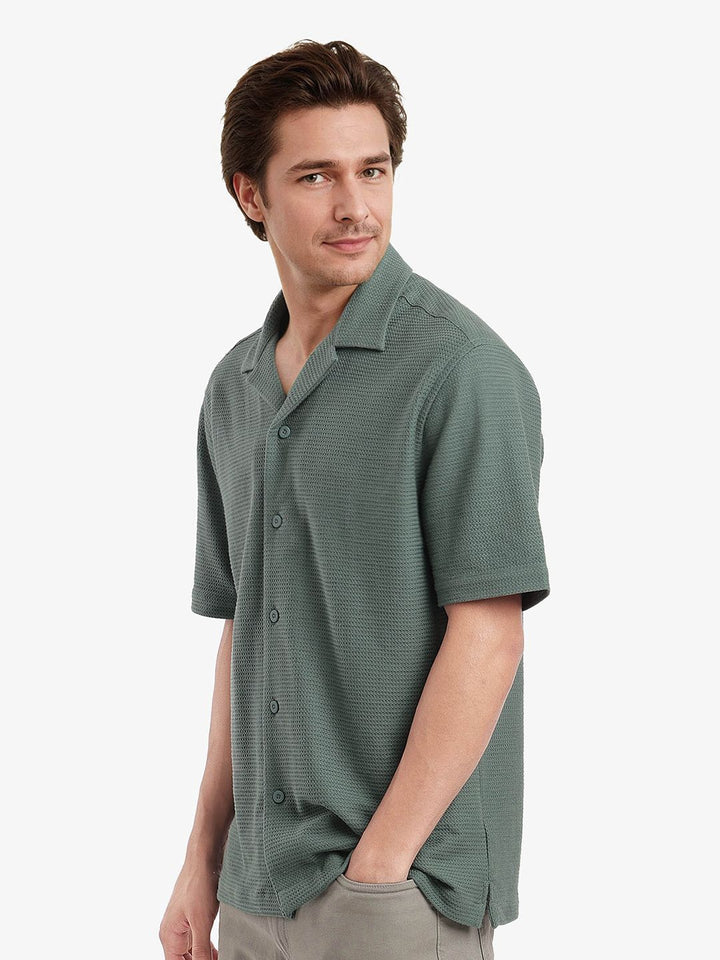 RARE RABBIT Men Comfort Spread Collar Textured Cotton Boxy Casual Shirt