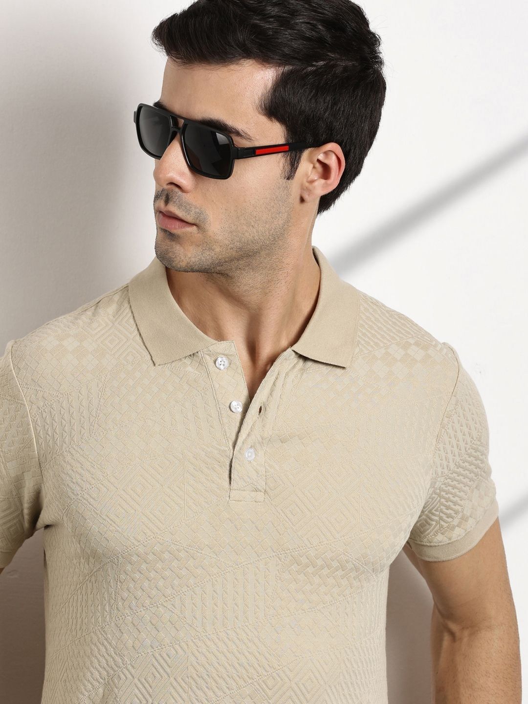Thomas Scott Men Self Design Polo Collar Cotton T-shirt