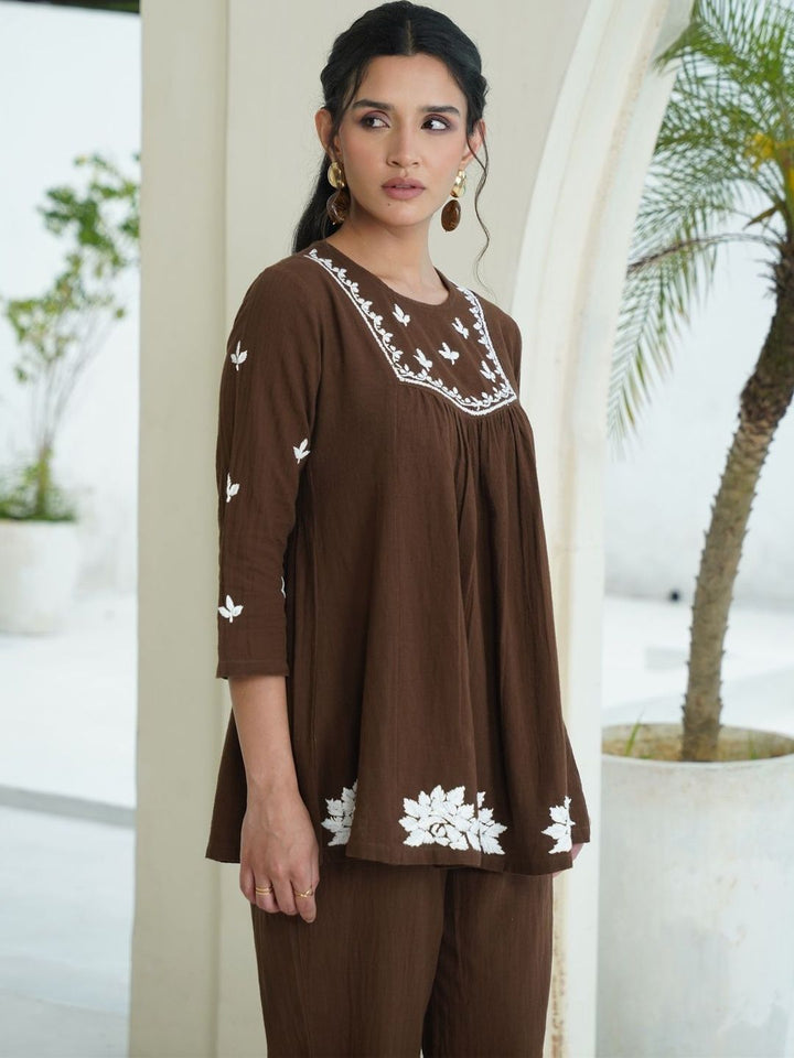 House of Chikankari Brown 2 Keping Cotton Solid Tunic dengan Set Co-Ord Seluar