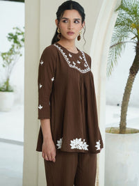 House of Chikankari Brown 2 Keping Cotton Solid Tunic dengan Set Co-Ord Seluar