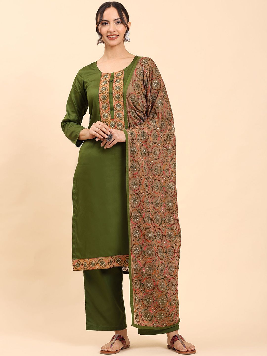 Mamicha Women Ethnic Motifs Embroidered Regular Sequinned Pure Cotton Kurta with Palazzos & With Dupatta