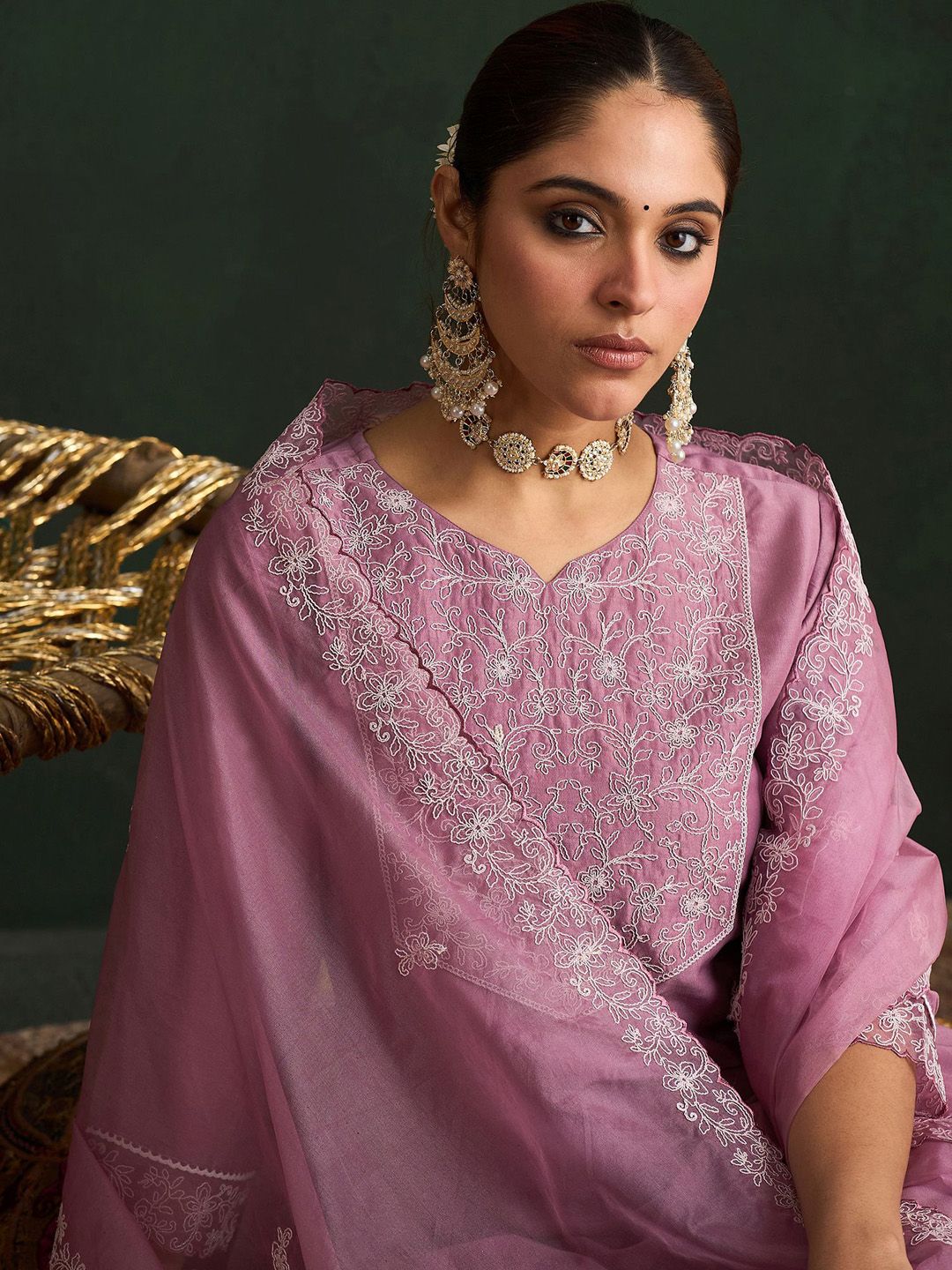 Indo Era Women Floral Yoke Design Regular Thread Work Kurta with Trousers & With Dupatta