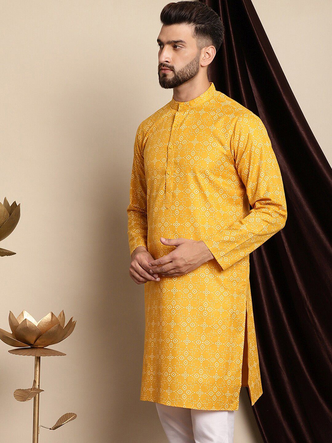 Kurta Linen Kapas Kolar Mandarin Bercetak Motif Etnik Anouk