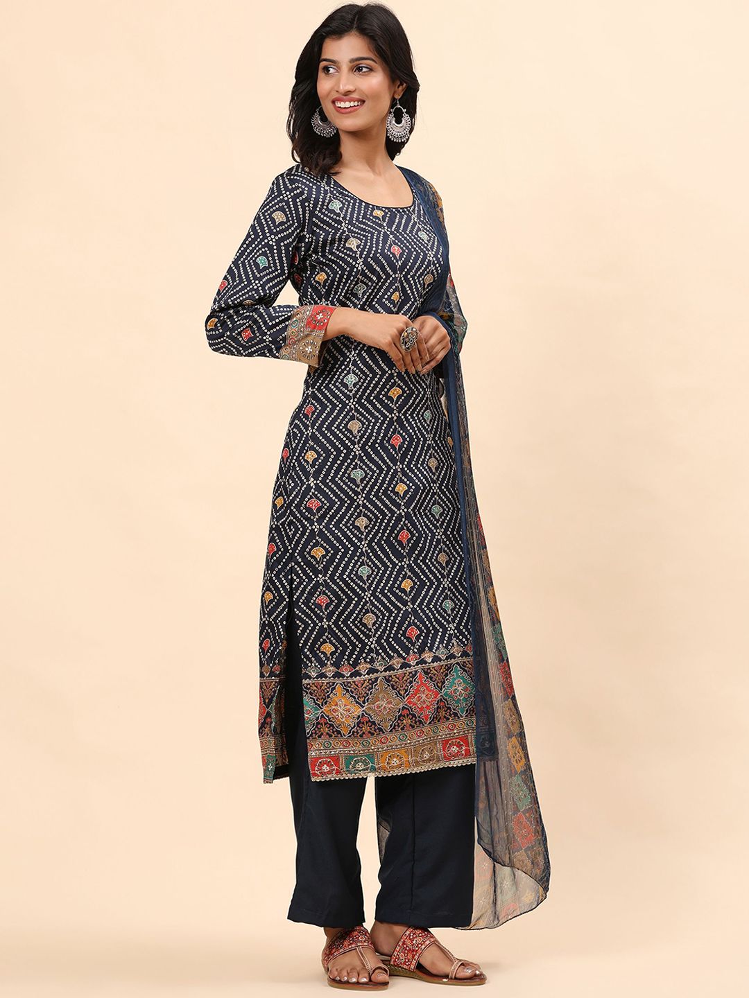 Mamicha Women Bandhani Printed Regular Pure Cotton Kurti with Palazzos & With Dupatta