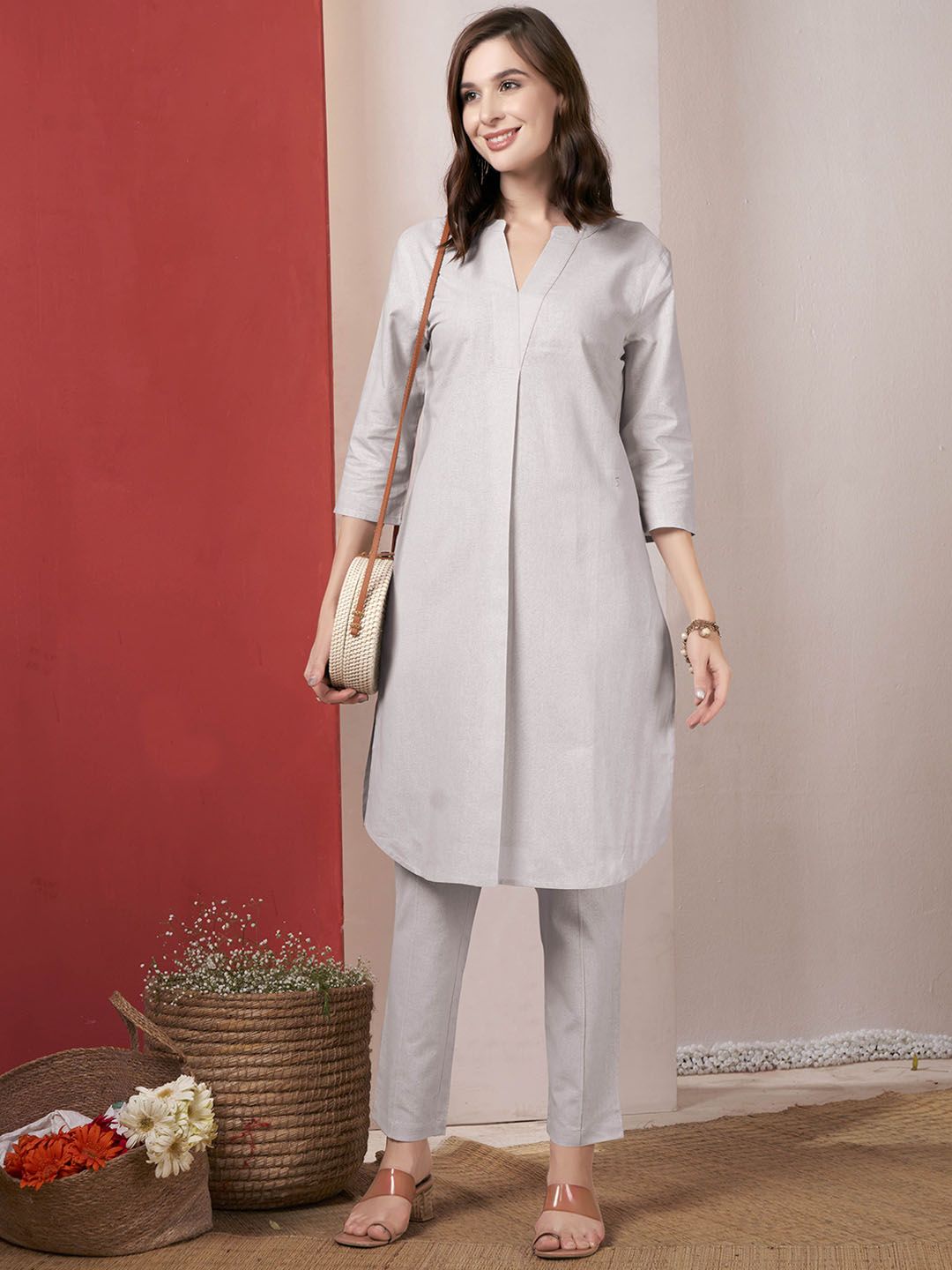 Anouk Grey V-Neck Pure Cotton Tunic With Trousers