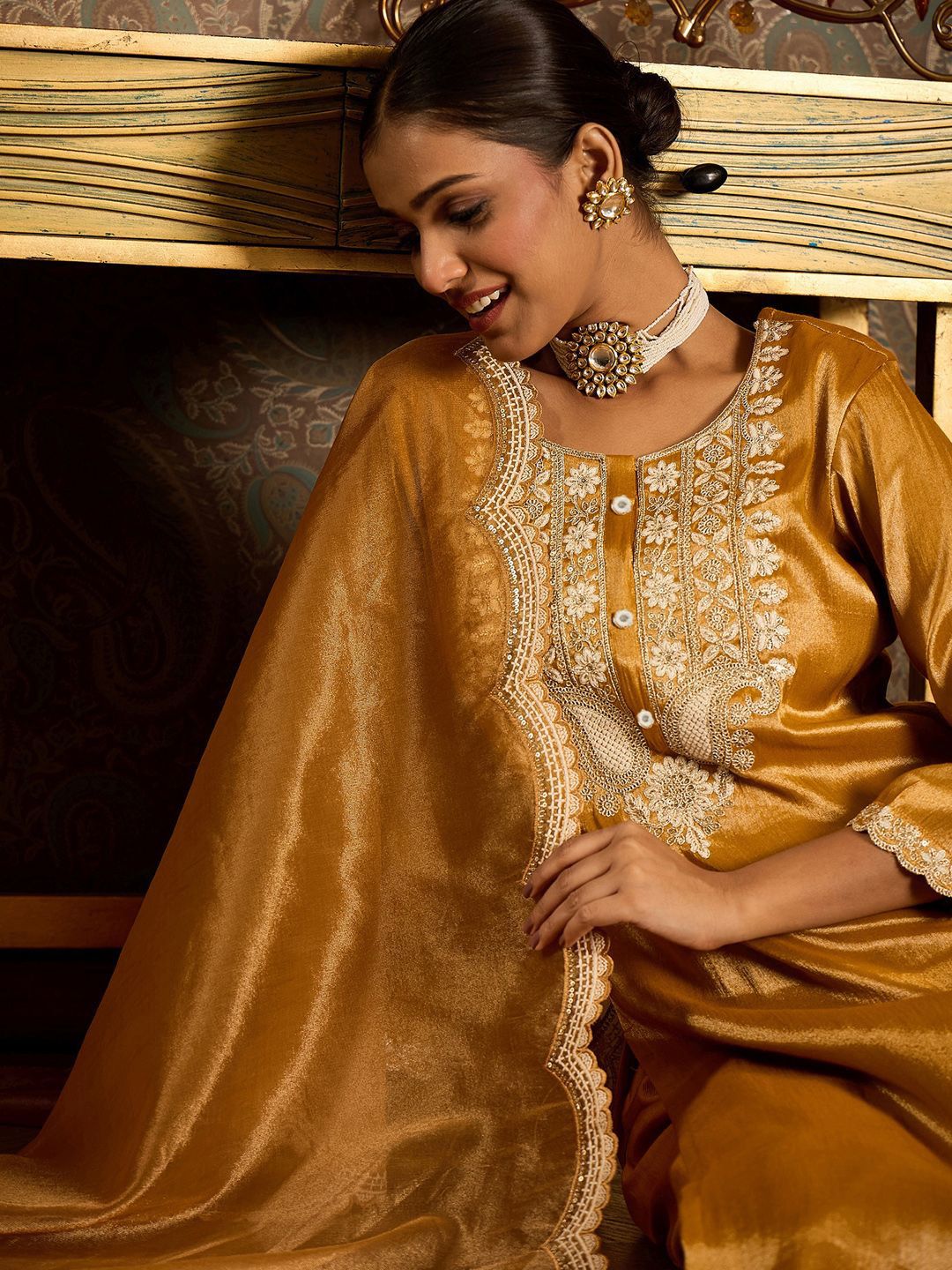 Indo Era Floral Embroidered Round Neck Regular Liva Kurta With Trouser With Dupatta