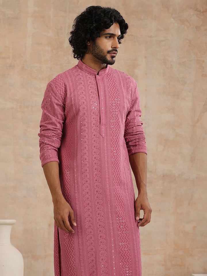 House of Chikankari Men Mauve Rayon Sulam Kurta