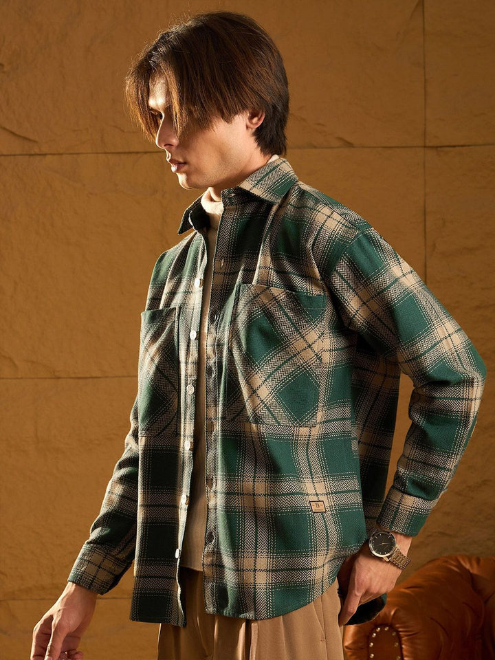 DENNISON Men Double Pocket Drop Shoulder Oversized Cotton Checked Shacket