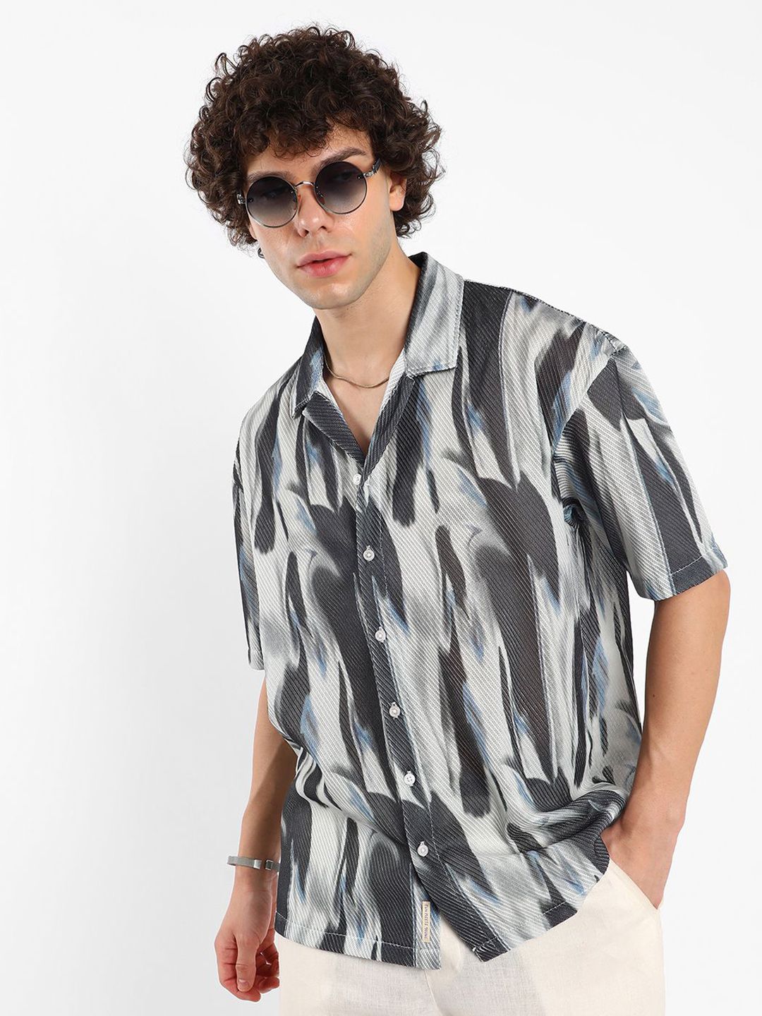 Campus Sutra Men Comfort Cuban Collar Abstract Oversized Casual Shirt