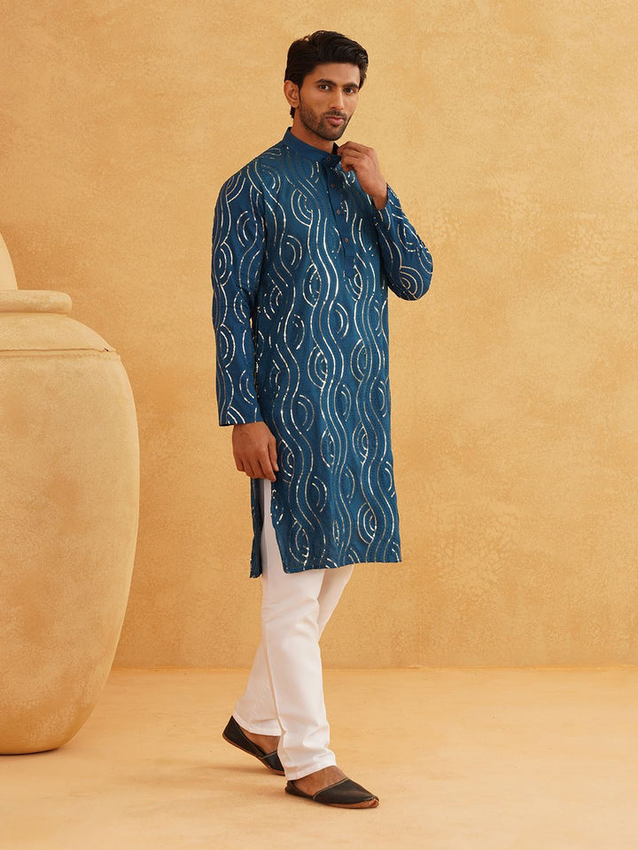 SOJANYA Leheriya Sequinned Band Collar Pure Cotton Straight Kurta With Churidar