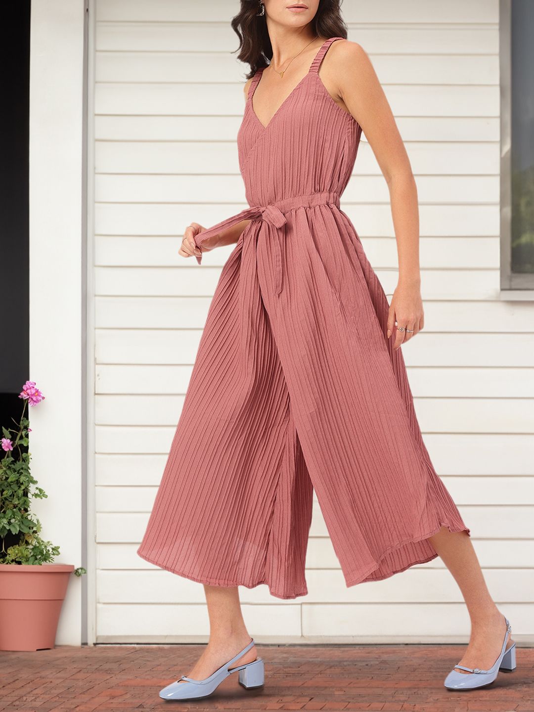 DressBerry Blush & Bold Shoulder Straps Accordion Pleated Crop Jumpsuit