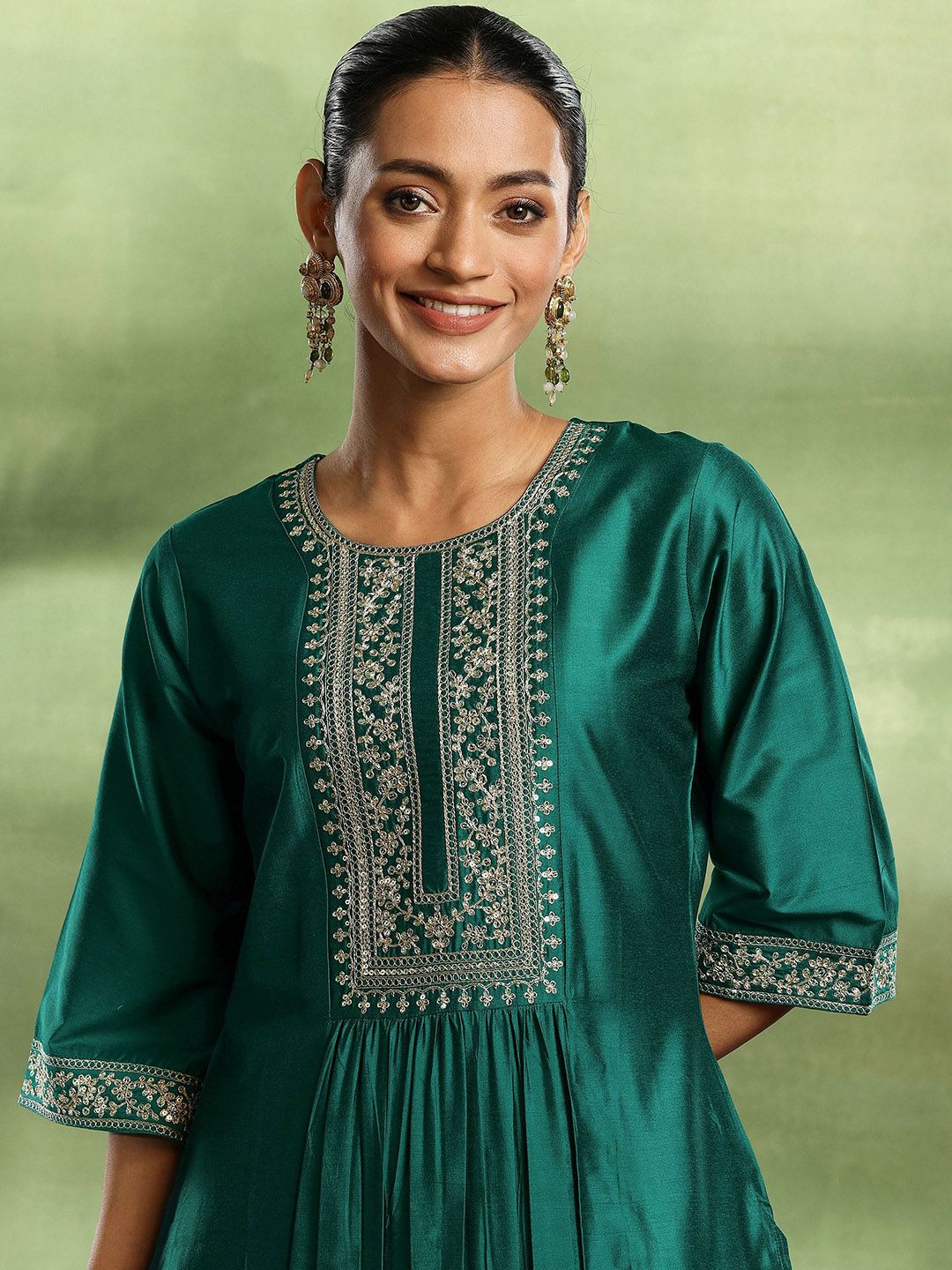 Gerua By Libas Floral Yoke Design Pleated Sequinned Kurta with Trouser