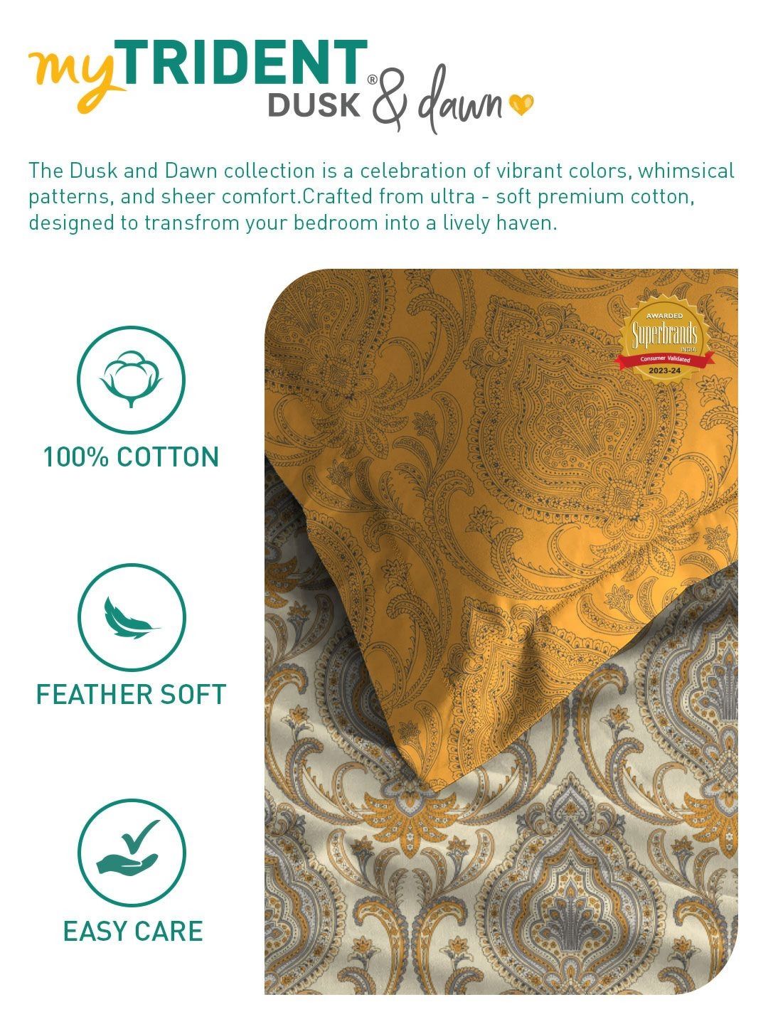 MYTRIDENT Ornate Yellow Dusk & Dawn Flat 144TC Queen Cotton Bedsheet with 2 Pillow Covers