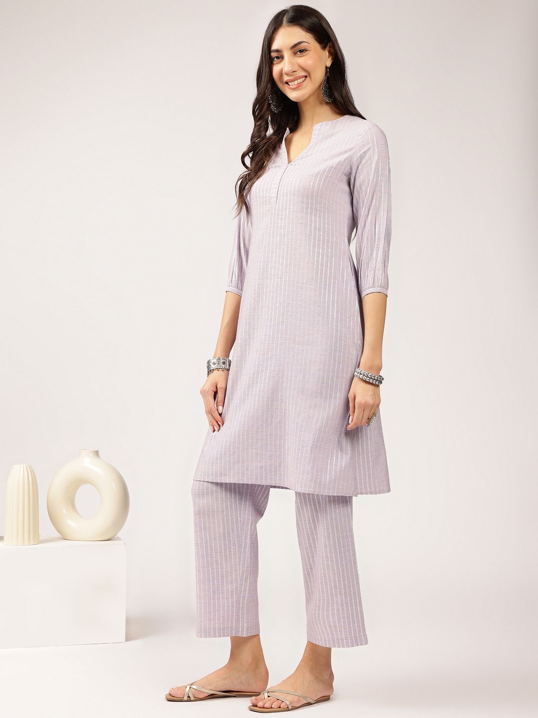 Anouk Lavender Striped Straight Kurta with Trousers