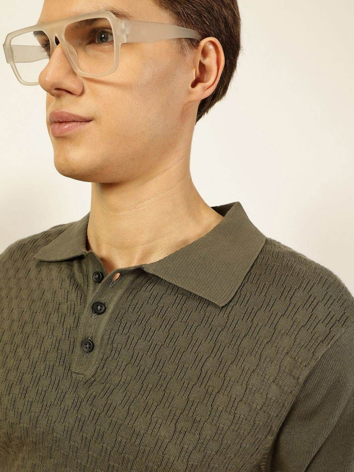 Thomas Scott Men Bio Finish Self Design Polo Collar Cotton T-shirt