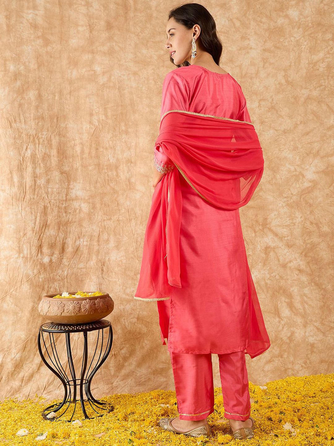 Indo Era Floral Yoke Design Straight Sequinned Kurta with Trousers & Dupatta
