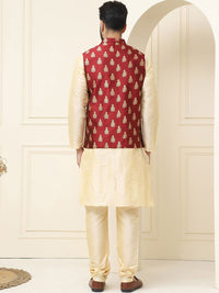 SOJANYA Mandarin Collar Silk Cotton Kurta With Churidar & Woven Design Nehru Jacket