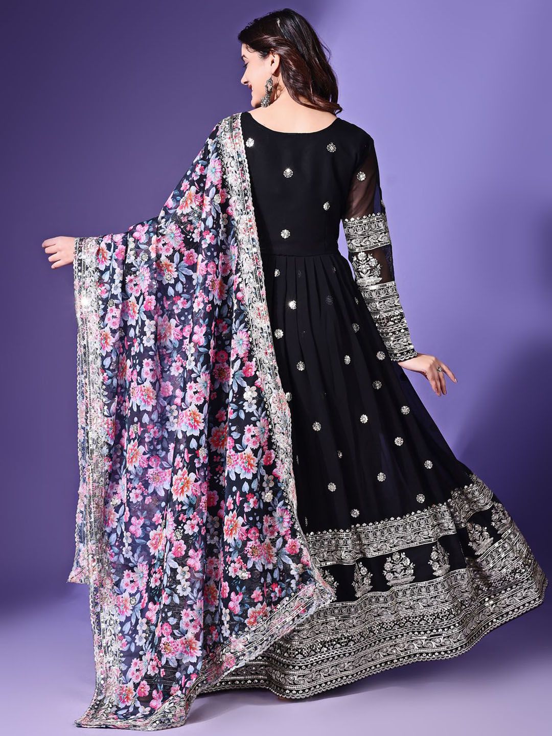 KALINI Floral Embroidered Sequinned V Neck Georgette Anarkali Kurta