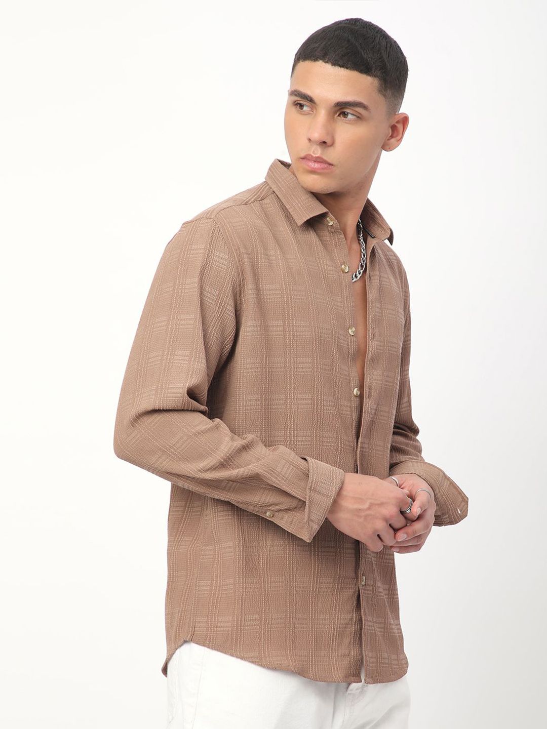 VASTRADO Men Classic Spread Collar Textured Slim Fit Casual Shirt