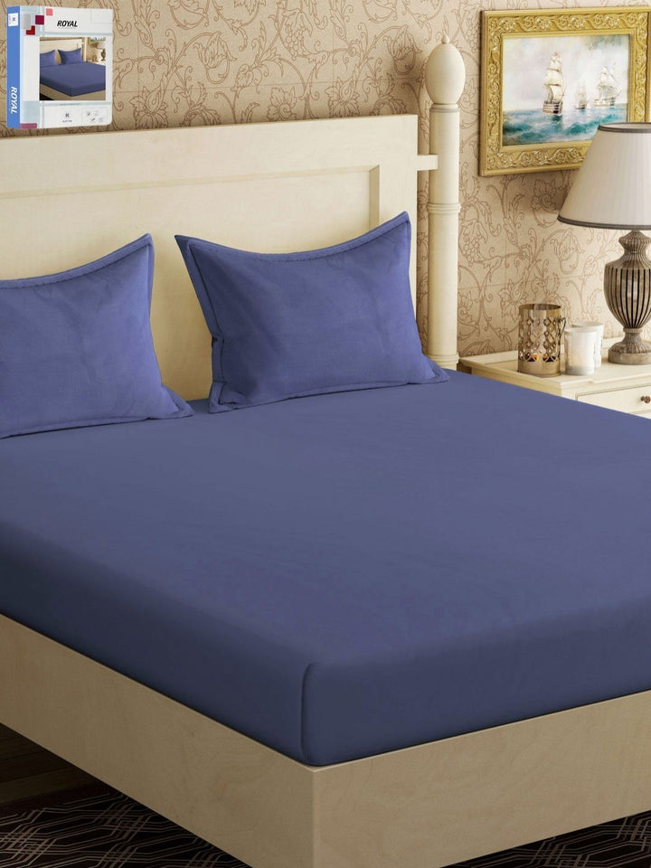 KLOTTHE Blue Solid Cotton 300 TC King Bedsheet with 2 Pillow Covers-250 x 225 cm