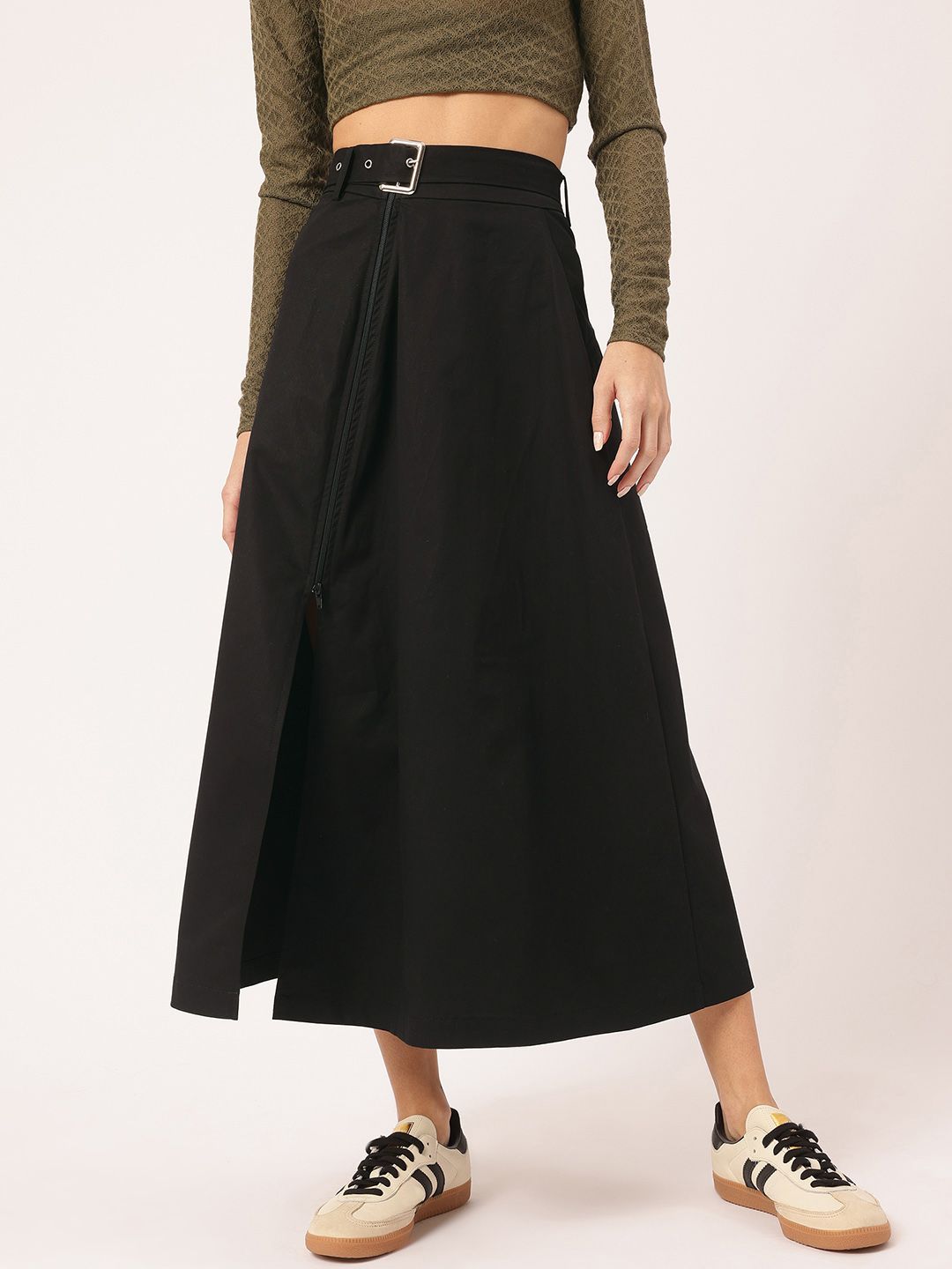 DressBerry Luxe Line Belted Midi A-line Skirt with Zip-Detail