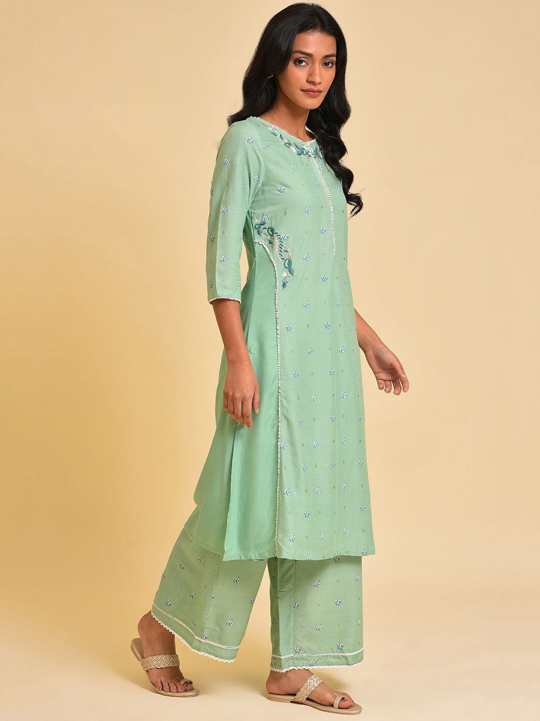 W Floral Embroidered Thread Work A-Line Kurta