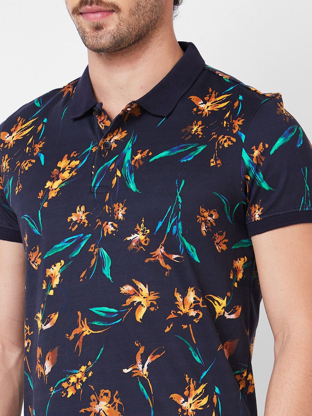 SPYKAR Floral Printed Polo Collar Tropical Pure Cotton Slim Fit T-shirt