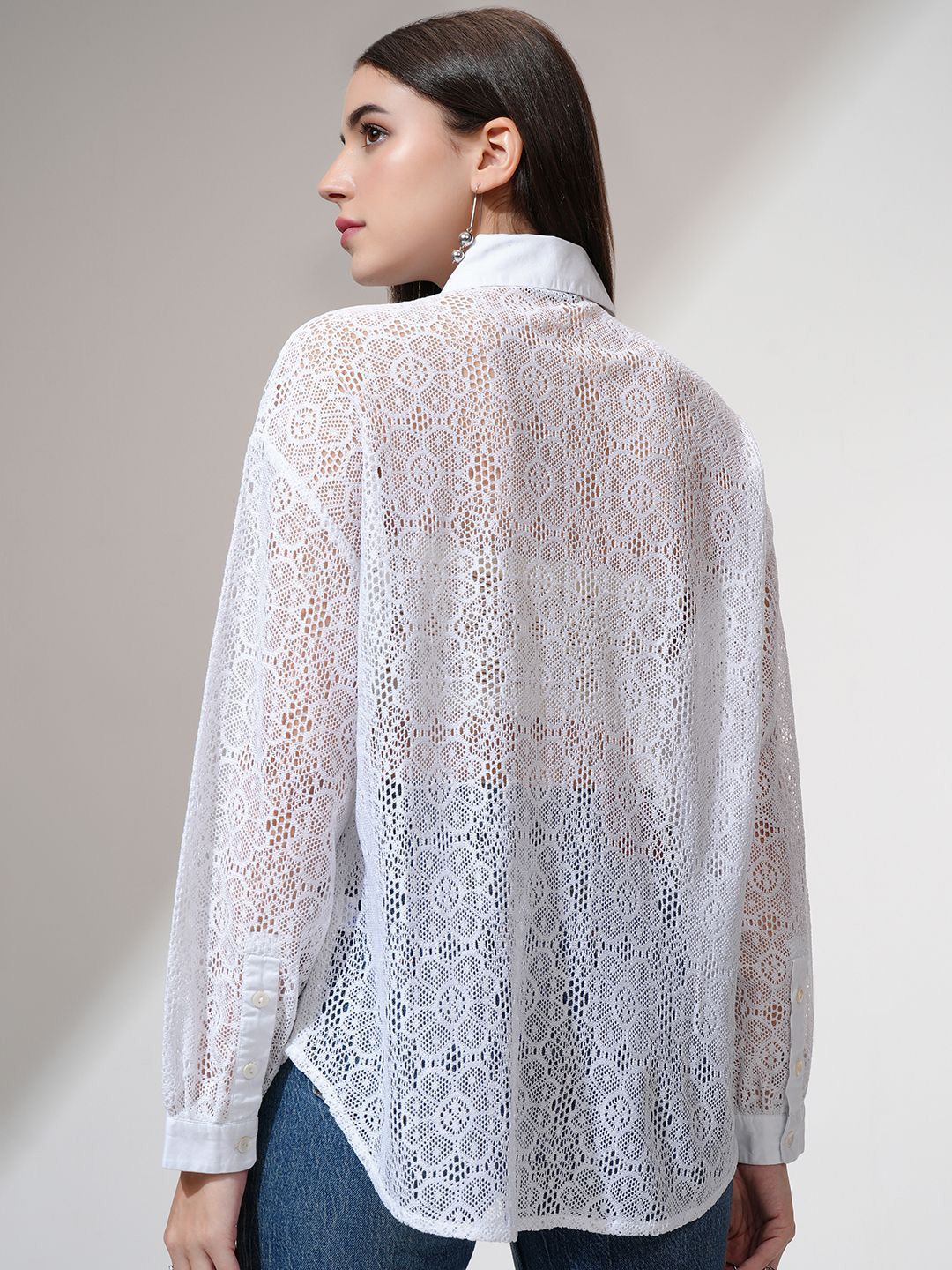 Tokyo Talkies Women Relaxed Fit Drop Shoulder Lace Shirt