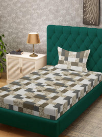 KLOTTHE White & Cream Geometric 400 TC Single Cotton Bedsheet with 1 Pillow Covers
