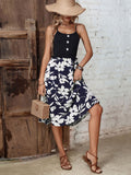 DressBerry Floral Print Button Detailing Shoulder Straps A-Line Midi Dress