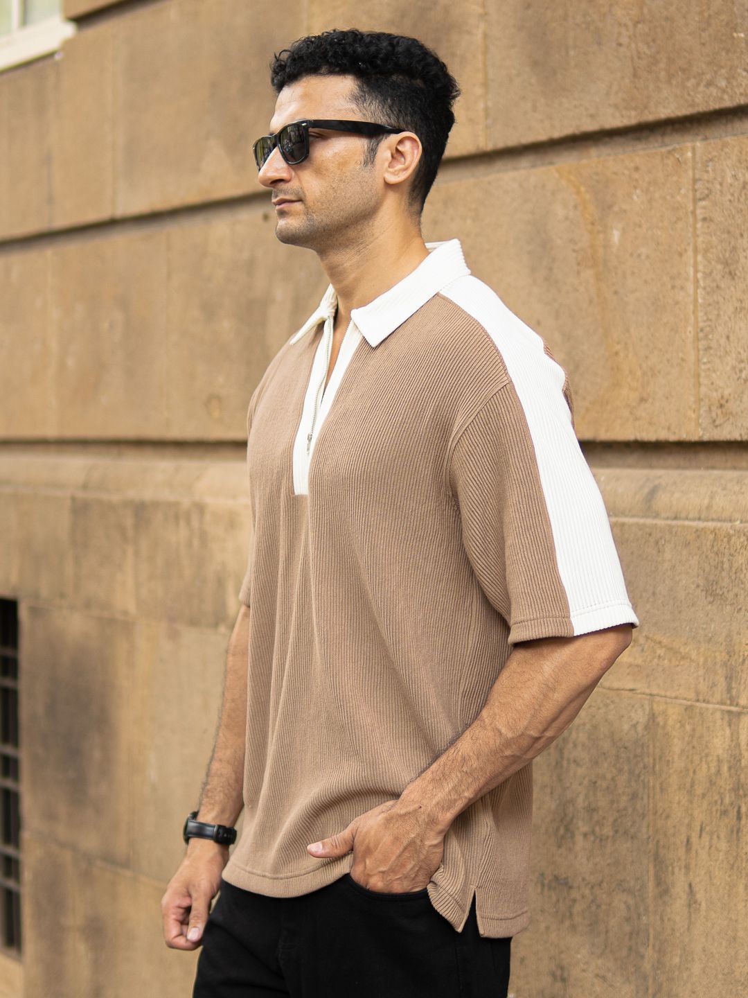 Powerlook Men Polo Collar Drop-Shoulder Sleeves Oversized T-shirt