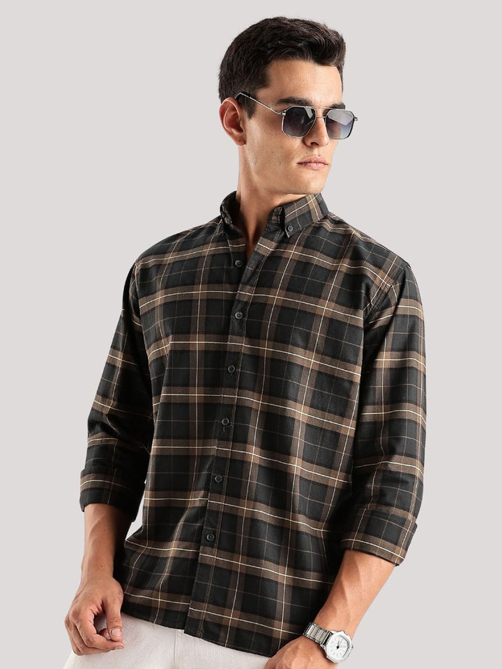 ADRO Tartan Checked Spread Collar Baju Kasual Kapas Lengan Panjang