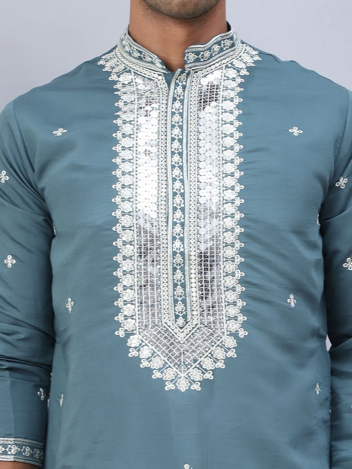 Jompers Floral Sequins Embroidered Mandarin Collar Straight Kurta