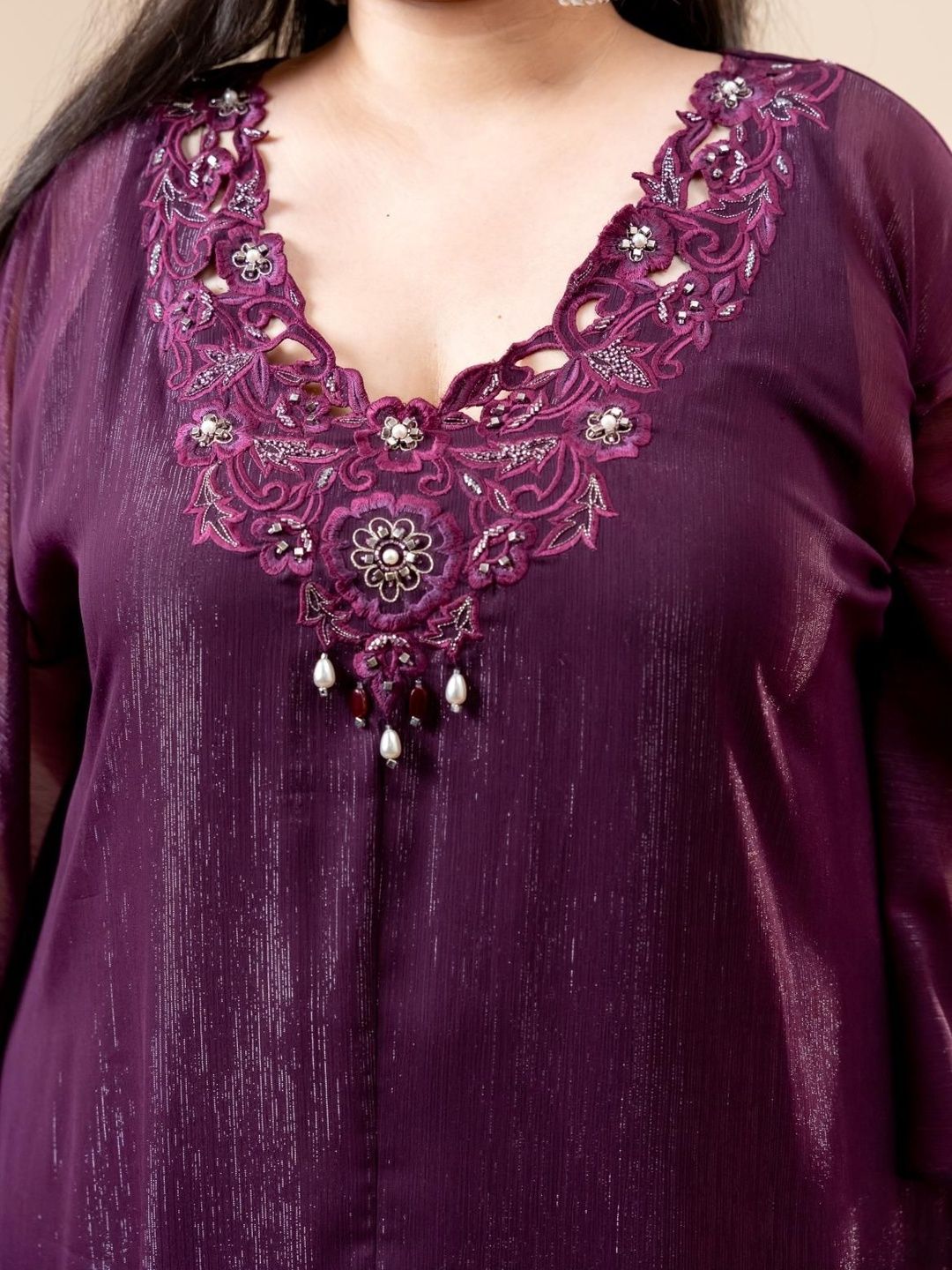 Set Kaftan & Seluar Co-Ords Sulam Mamicha Mehfil V-Neck