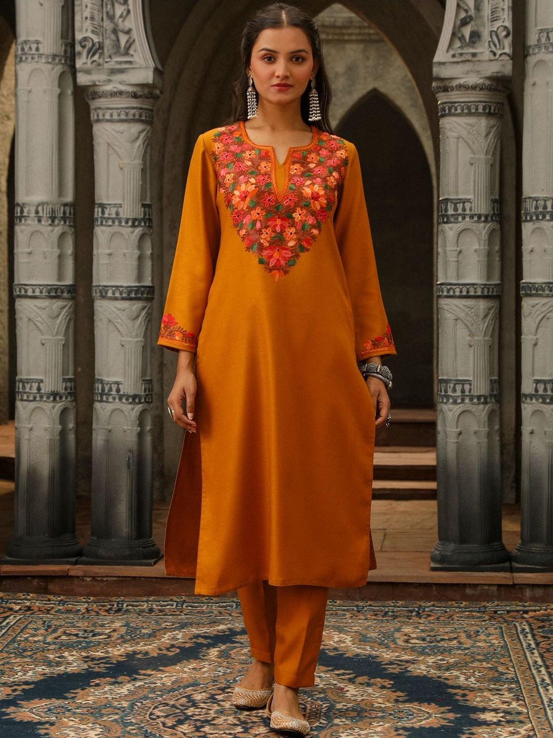 House of Chikankari Women Mustard Yellow Woolen Aari Sulam Set Kurta