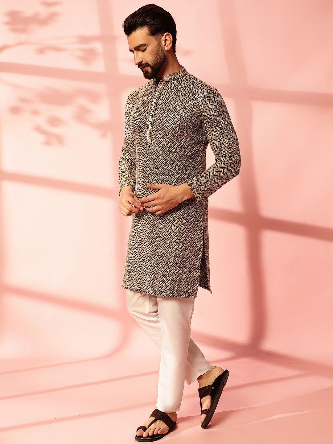 Anouk Geometric Embroidered Mandarin Collar Sequinned Cotton Straight Kurta