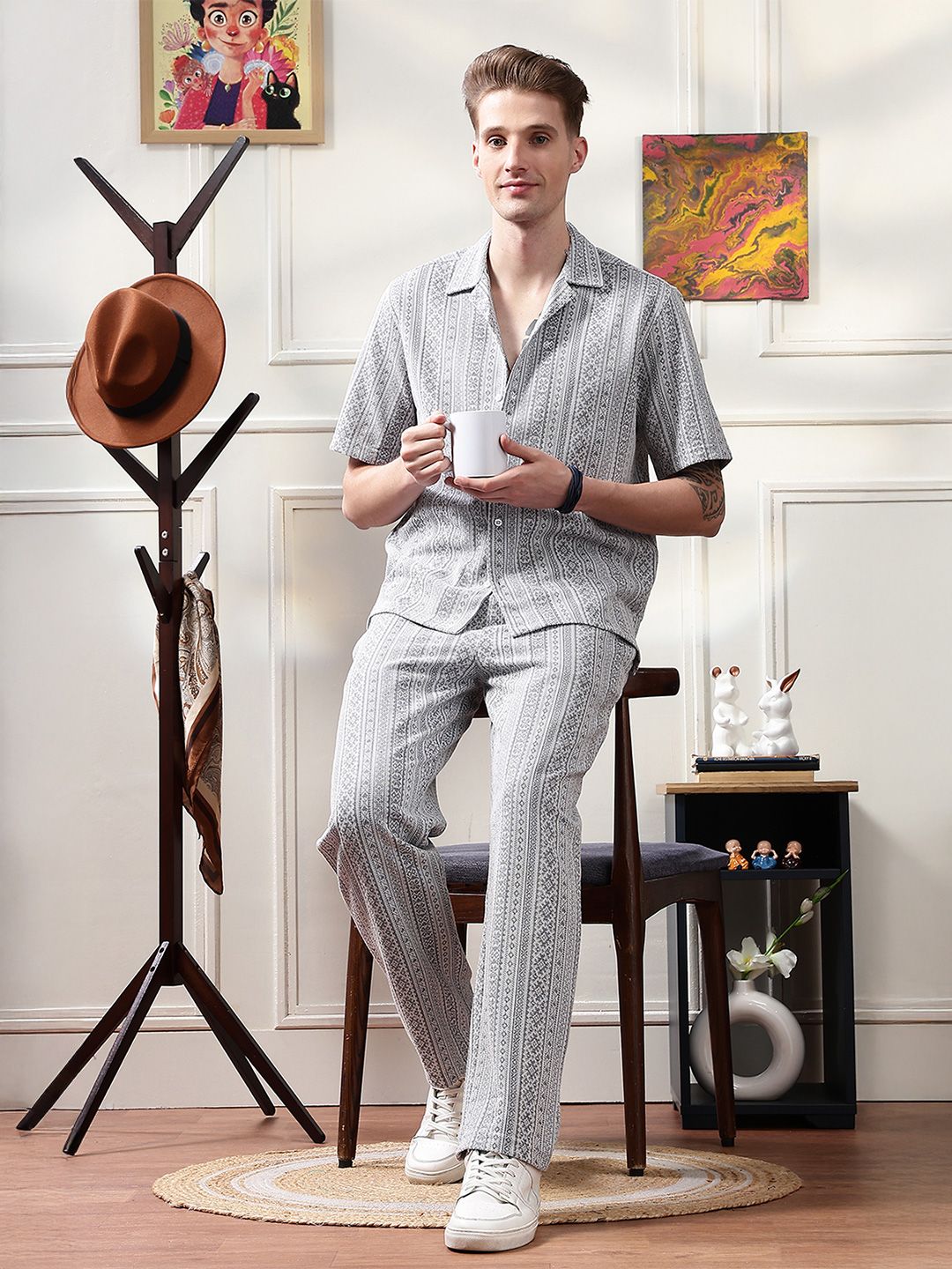 Eszett Ethnic Motifs Printed Jacquard Spread Collar Pure Cotton Shirt With Trouser