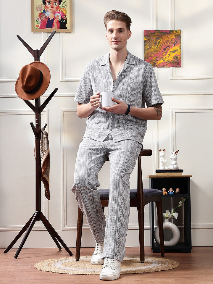 Eszett Ethnic Motifs Printed Jacquard Spread Collar Pure Cotton Shirt With Trouser
