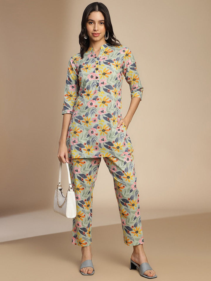 KALINI Floral Printed Pure Cotton Top With Trousers Co-Ords