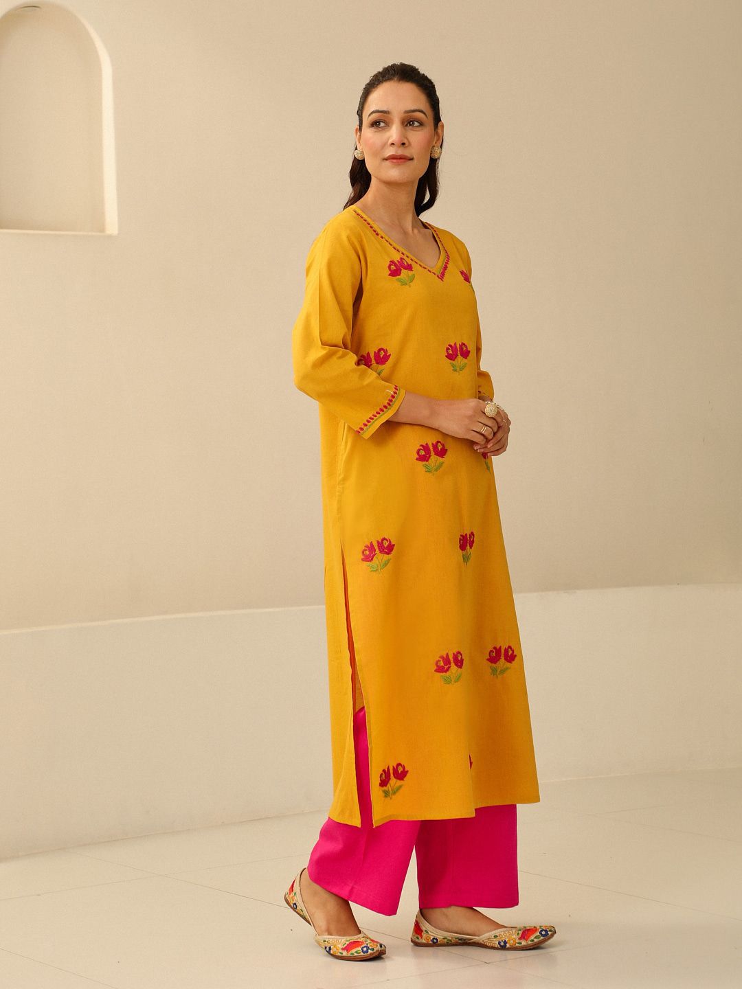 Rumah Chikankari Wanita Mustard Kuning Kapas Chikankari Sulam Kurta