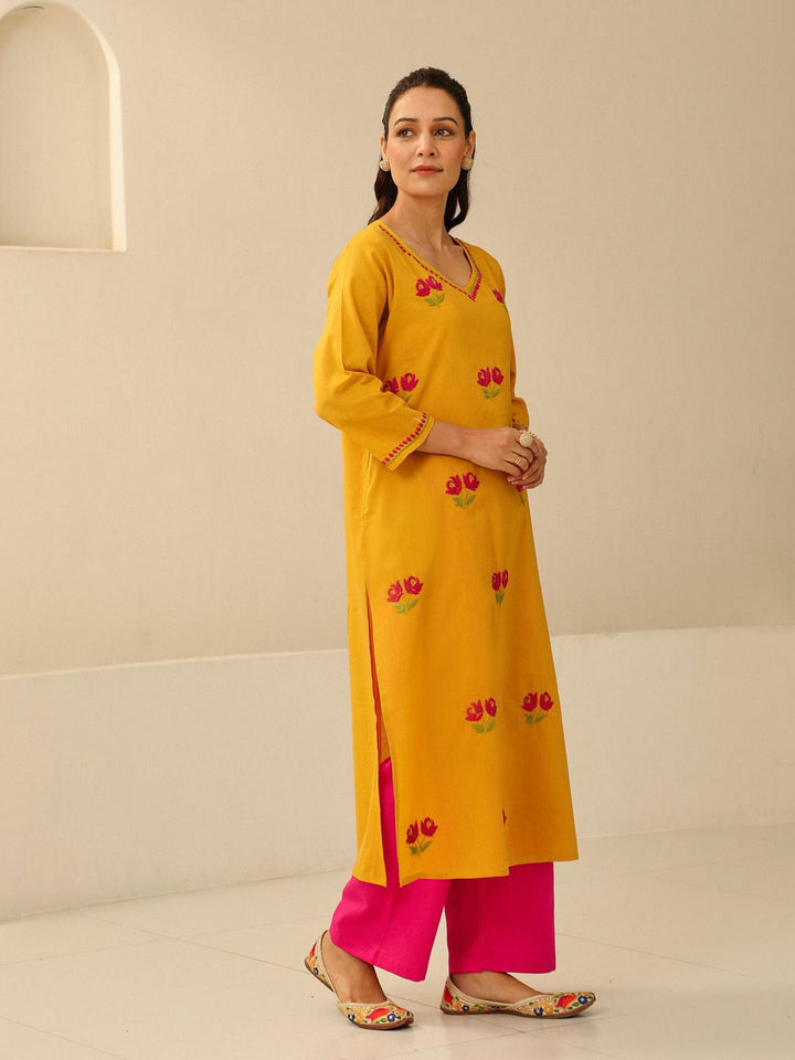 Rumah Chikankari Wanita Mustard Kuning Kapas Chikankari Sulam Kurta