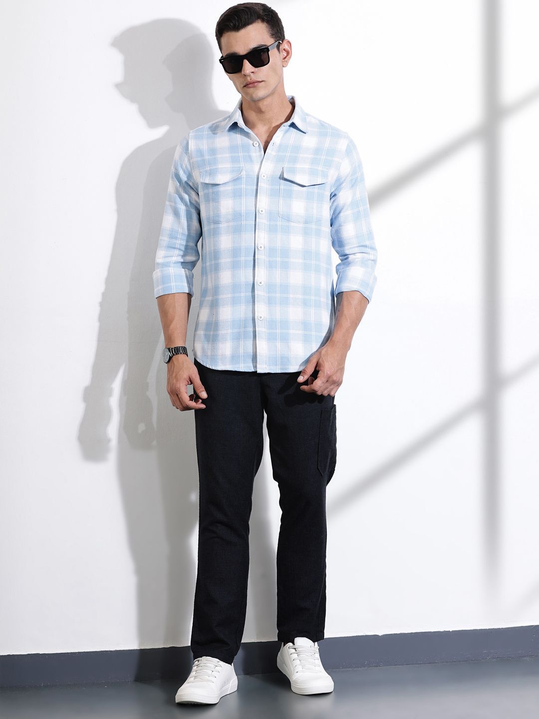 Thomas Scott Men Premium Windowpane Checks Opaque Checked Casual Shirt
