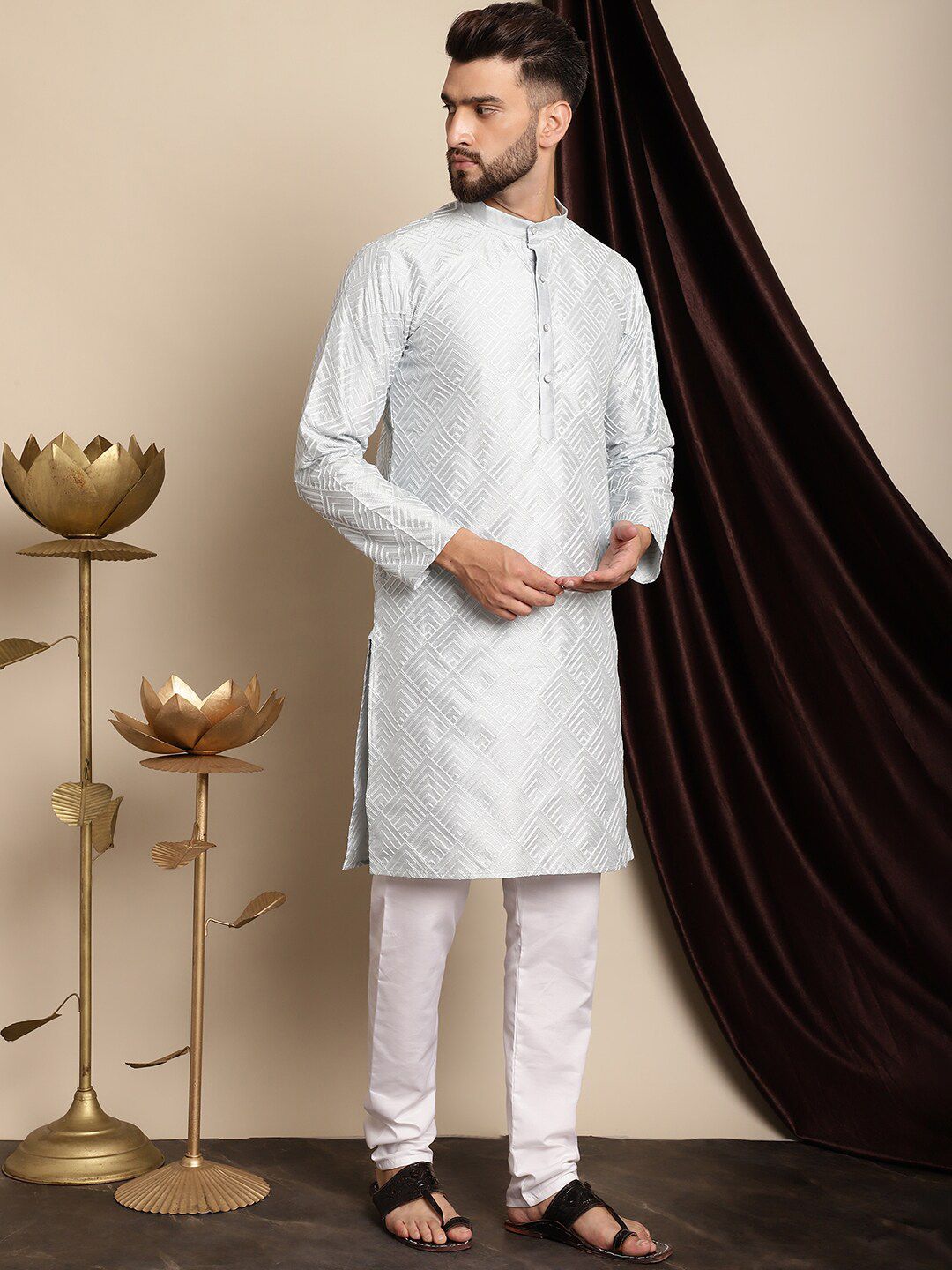Anouk Geometric Embroidered Band Collar Thread Work Detail Straight Kurta with Churidar