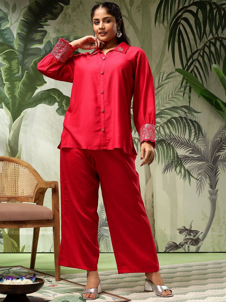 Bani Women Plus Size Embroidered Puff Sleeves Pure Silk Shirt With Trousers