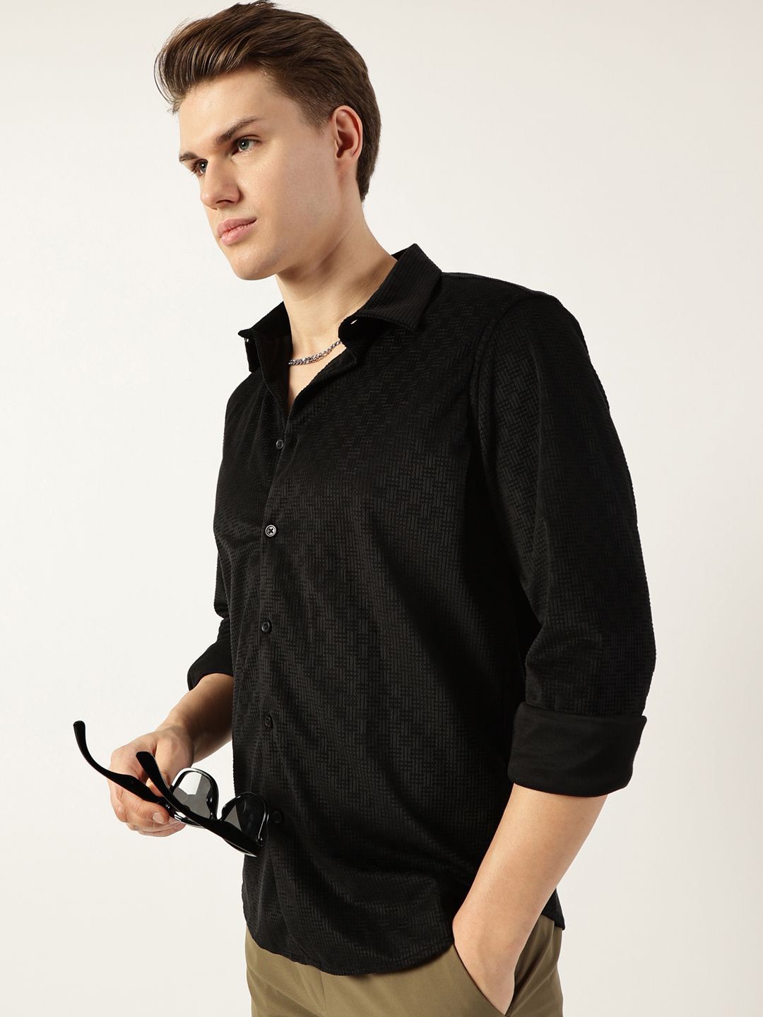Thomas Scott Men Classic Spread Collar Textured Solid Slim Fit Casual Shirt