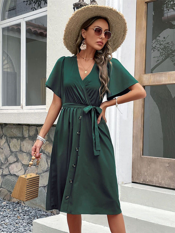 DressBerry Button Detailing Flared Sleeves Midi Wrap Dress with Belt
