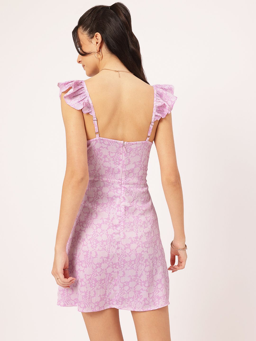 DressBerry Garden Goddess Floral Print Textured Ruffled Sleeves Mini A-Line Dress