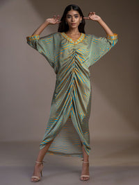 Mamicha Wanita Cetak Lengan Batwing V-neck A-Line Maxi Dress