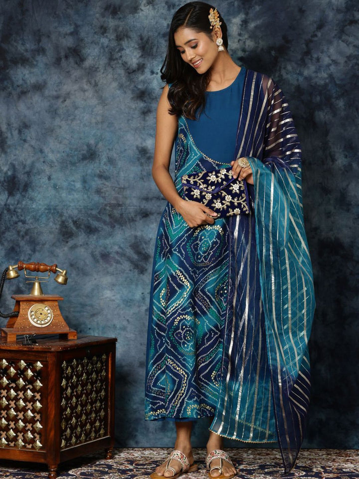 KALINI Women Rayon Embroidered Anarkali Bandhani Print Kurta With Organza Dupatta Set