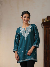 House of Chikankari Women Teal Woollen Aari Embroidered Kurti